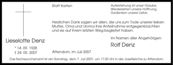 Traueranzeige von Lieselotte Denz von Tageszeitung