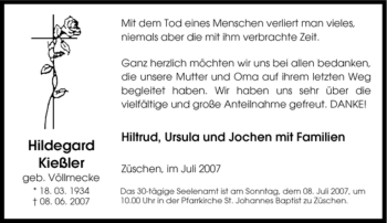 Traueranzeige von Hildegard Kießler von Tageszeitung