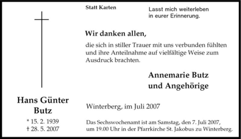  Traueranzeige für Hans Günter Butz vom 02.07.2007 aus Tageszeitung