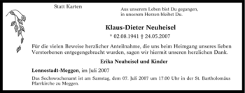 Traueranzeige von Klaus-Dieter Neuheisel von Tageszeitung