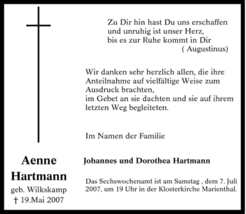 Traueranzeige von Aenne Hartmann von Tageszeitung