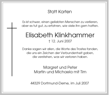 Traueranzeige von Elisabeth Klinkhammer von Tageszeitung