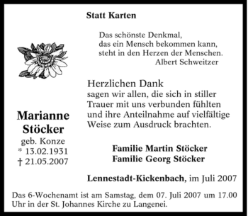Traueranzeige von Marianne Stöcker von Tageszeitung
