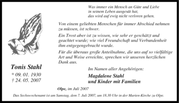 Traueranzeige von Tonis Stahl von Tageszeitung