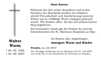 Traueranzeige von Walter Wurm von Tageszeitung