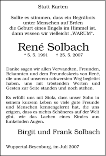 Traueranzeige von René Solbach von Tageszeitung
