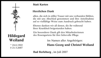 Traueranzeige von Hildegard Weiland von Tageszeitung