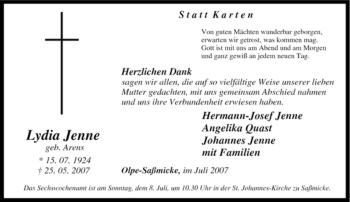 Traueranzeige von Lydia Jenne von Tageszeitung