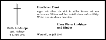 Traueranzeige von Ruth Lindsiep von Tageszeitung