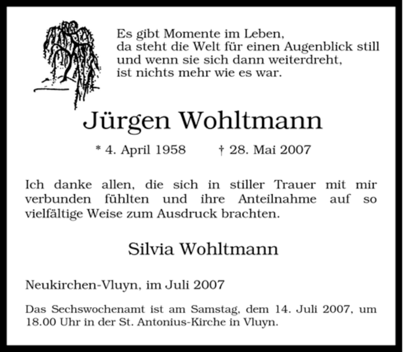 Traueranzeige für Jürgen Wohltmann vom 05.07.2007 aus Tageszeitung