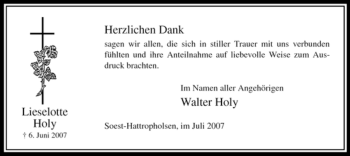 Traueranzeige von Lieselotte Holy von Tageszeitung