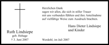 Traueranzeige von Ruth Lindsiepe von Tageszeitung