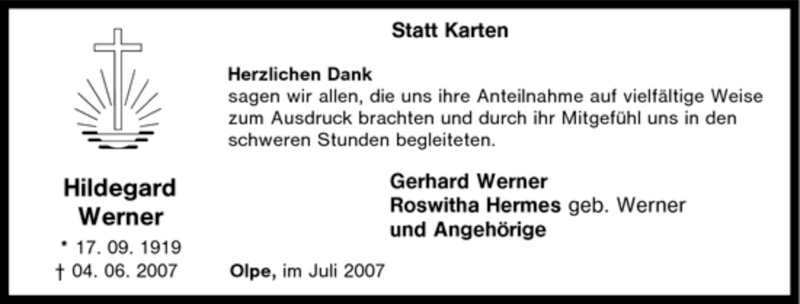 Traueranzeige für Hildegard Werner vom 06.07.2007 aus Tageszeitung