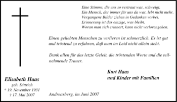 Traueranzeige von Elisabeth Haas von Tageszeitung