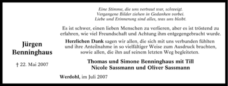  Traueranzeige für Jürgen Benninghaus vom 07.07.2007 aus Tageszeitung
