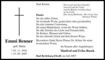 Traueranzeige von Emmi Benner von Tageszeitung