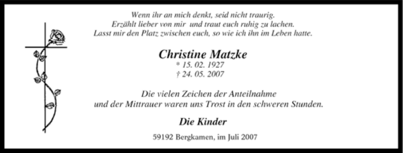  Traueranzeige für Christine Matzke vom 07.07.2007 aus Tageszeitung