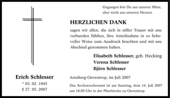 Traueranzeige von Erich Schlesser von Tageszeitung