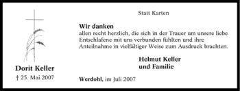 Traueranzeige von Dorit Keller von Tageszeitung