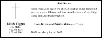 Traueranzeige von Edith Tigges von Tageszeitung