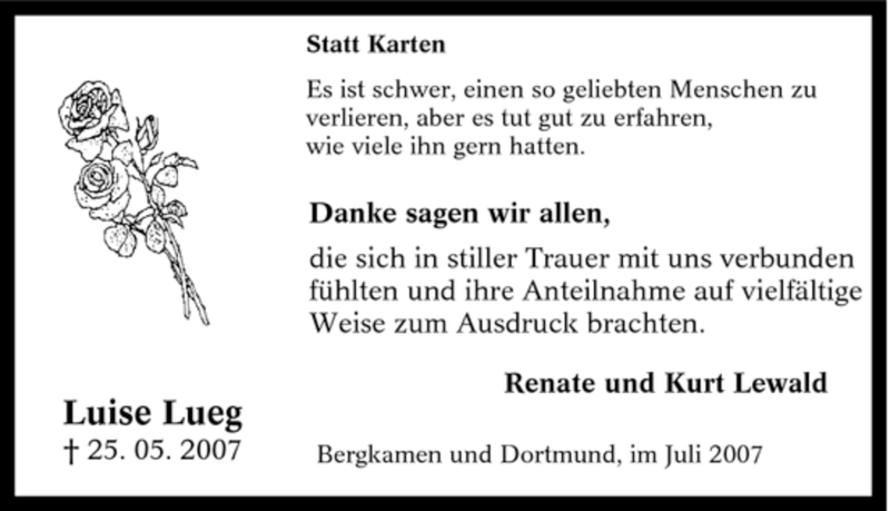  Traueranzeige für Luise Lueg vom 07.07.2007 aus Tageszeitung