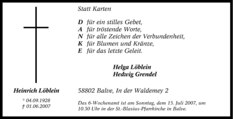  Traueranzeige für Heinrich Löblein vom 07.07.2007 aus Tageszeitung