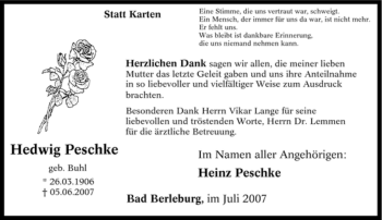 Traueranzeige von Hedwig Peschke von Tageszeitung