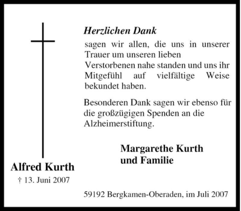  Traueranzeige für Alfred Kurth vom 07.07.2007 aus Tageszeitung