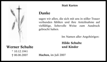 Traueranzeige von Werner Schulte von Tageszeitung