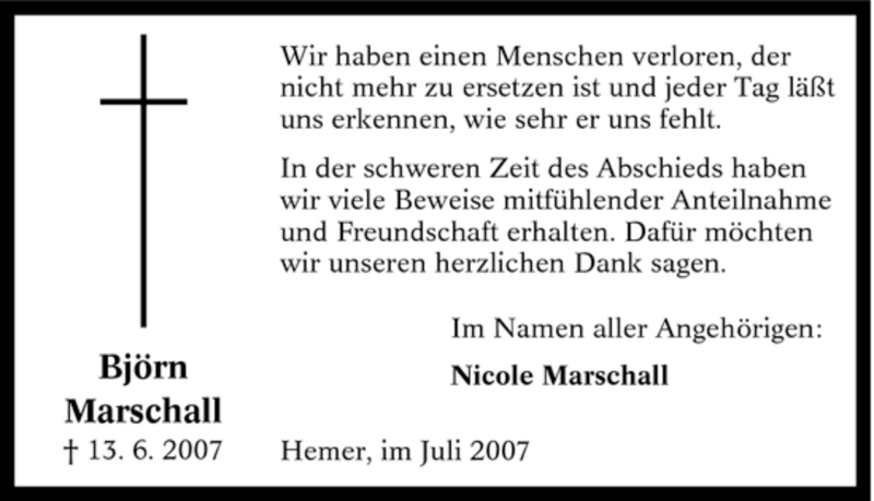  Traueranzeige für Björn Marschall vom 07.07.2007 aus Tageszeitung