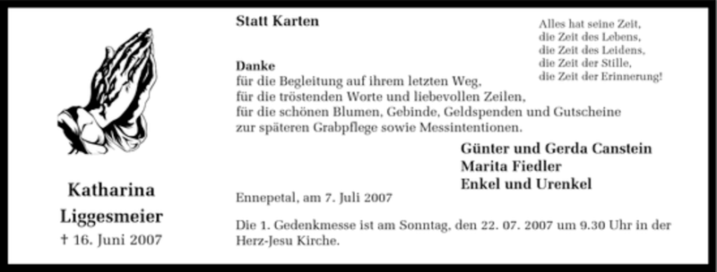  Traueranzeige für Katharina Liggesmeier vom 07.07.2007 aus Tageszeitung