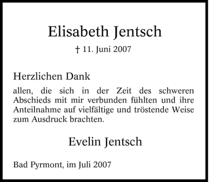  Traueranzeige für Elisabeth Jentsch vom 07.07.2007 aus Tageszeitung