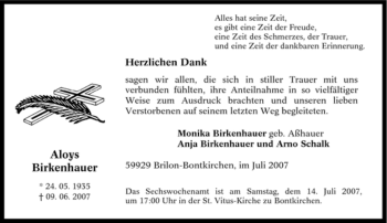 Traueranzeige von Aloys Birkenhauer von Tageszeitung