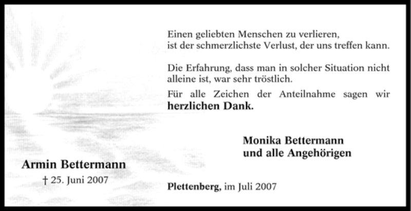  Traueranzeige für Armin Bettermann vom 07.07.2007 aus Tageszeitung