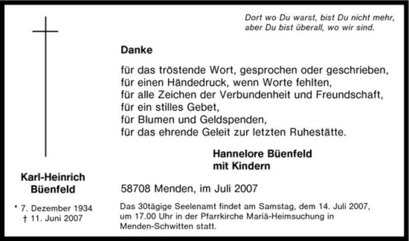  Traueranzeige für Karl-Heinrich Büenfeld vom 07.07.2007 aus Tageszeitung