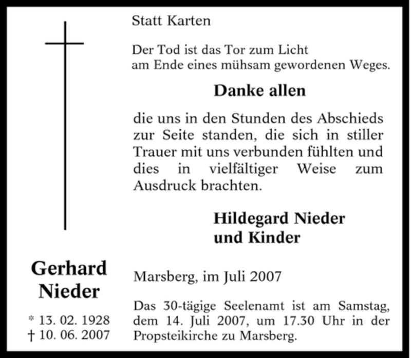  Traueranzeige für Gerhard Nieder vom 07.07.2007 aus Tageszeitung