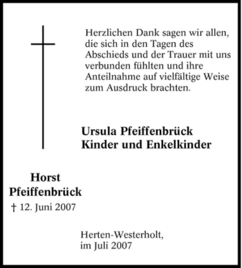 Traueranzeige von Horst Pfeiffenbrück von Tageszeitung