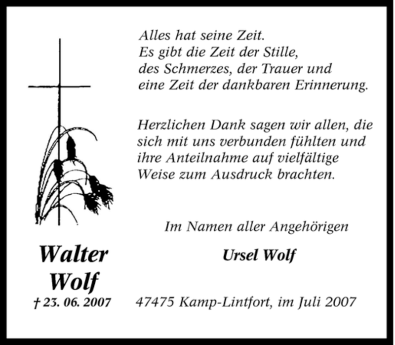  Traueranzeige für Walter Wolf vom 07.07.2007 aus Tageszeitung