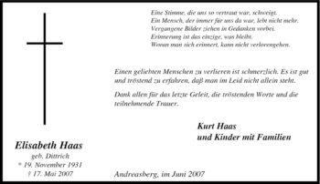 Traueranzeige von Elisabeth Haas von Tageszeitung
