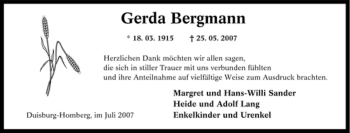 Traueranzeige von Gerda Bergmann von Tageszeitung