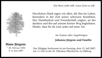 Traueranzeige von Hans Jürgens von Tageszeitung
