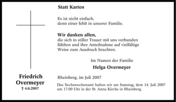 Traueranzeige von Friedrich Overmeyer von Tageszeitung