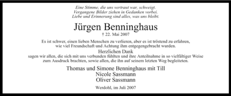 Traueranzeige für Jürgen Benninghaus vom 07.07.2007 aus Tageszeitung