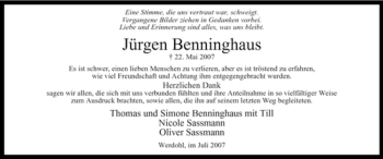 Traueranzeige von Jürgen Benninghaus von Tageszeitung