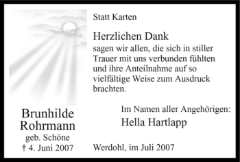 Traueranzeige von Brunhilde Rohrmann von Tageszeitung