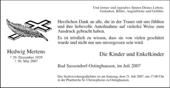 Traueranzeige von Hedwig Mertens von Tageszeitung