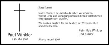 Traueranzeige von Paul Winkler von Tageszeitung