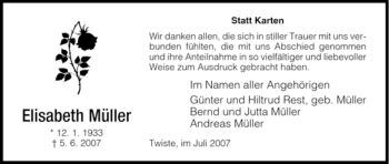 Traueranzeige von Elisabeth Müller von Tageszeitung