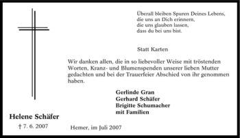 Traueranzeige von Helene Schäfer von Tageszeitung