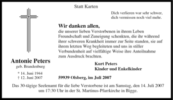 Traueranzeige von Antonie Peters von Tageszeitung
